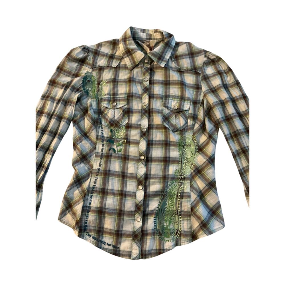 Johnny Was 3J Workshop Sz XS Embroidered Plaid Shirt Raw Seams